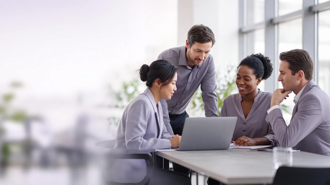Four colleagues reviewing work together around a laptop